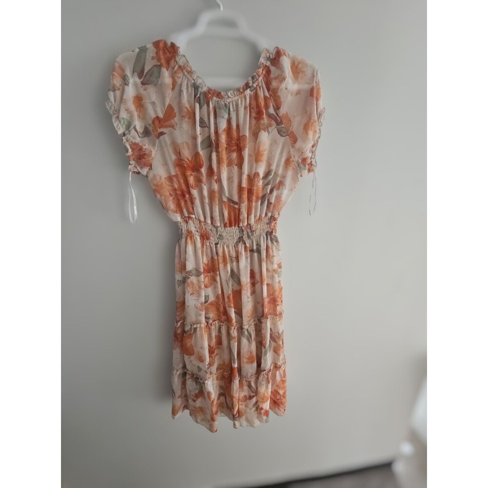 Kate and Lily Floral Madi Dress boho Ruffle Belted elastic waist Cream Orange 14 - Picture 3 of 7